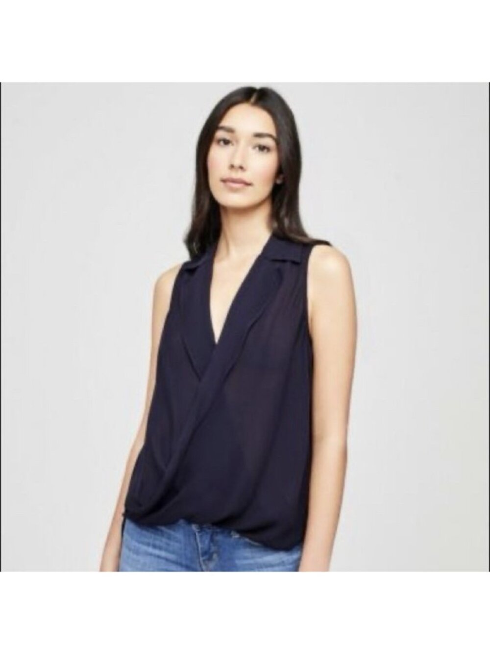 L’AGENCE Authentic Mila Navy Blue 100% Silk Sleeveless Draped Wrap Blouse Small